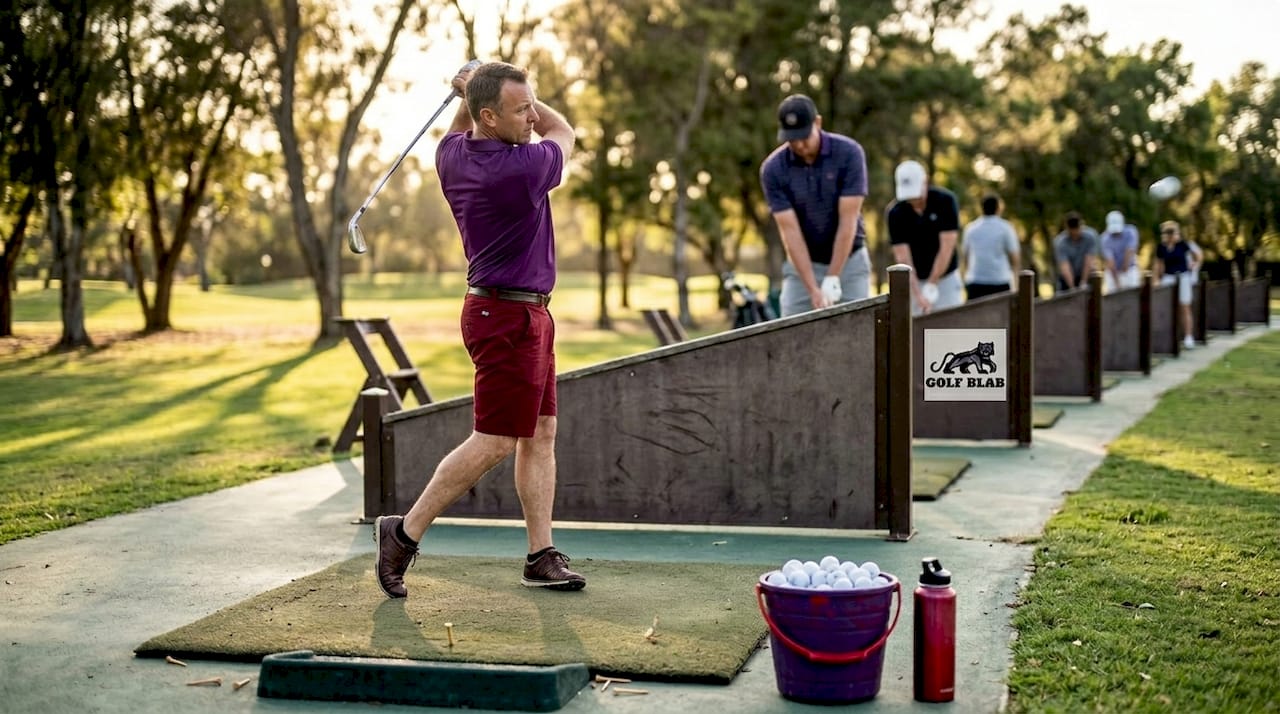 Amateur golfer practicing at open-air range