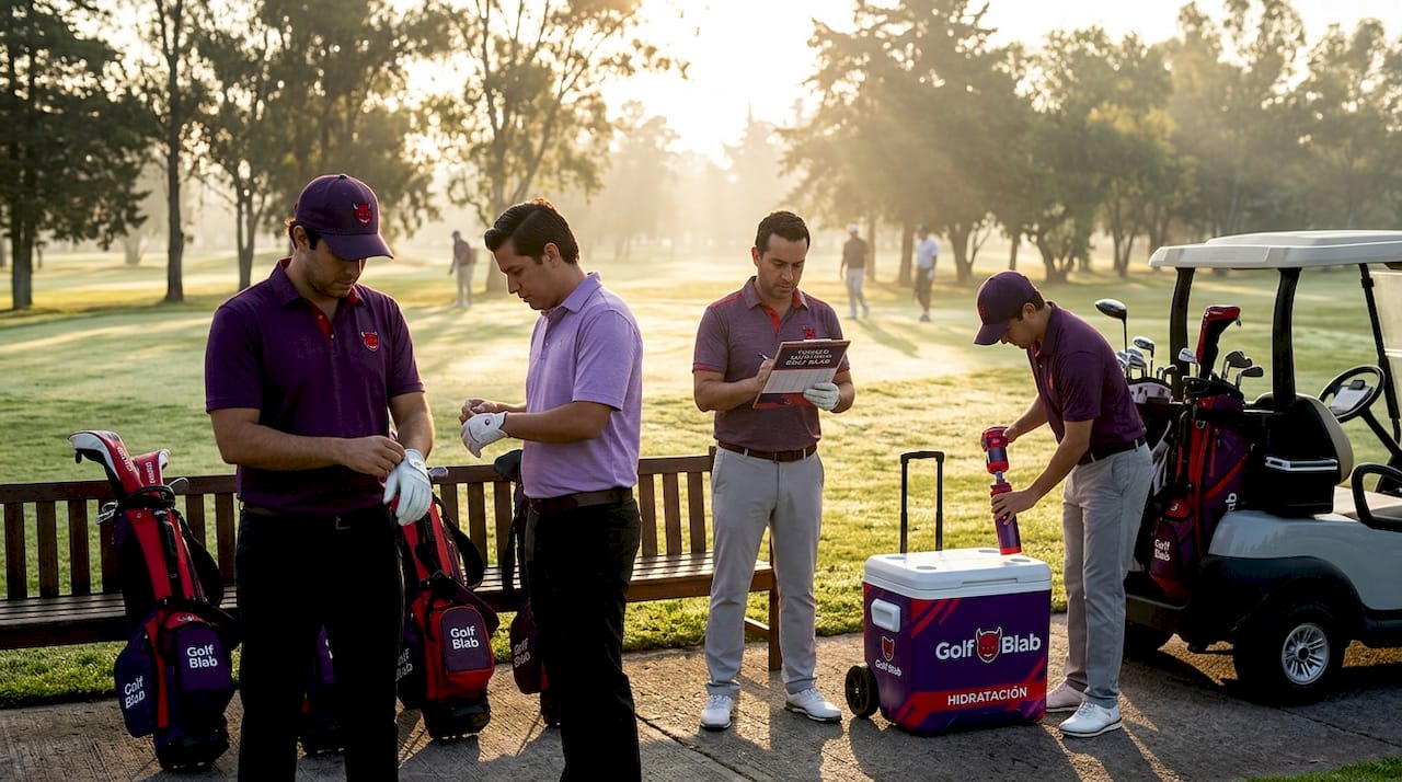 Jugadores de golf ultimando detalles antes del torneo matutino