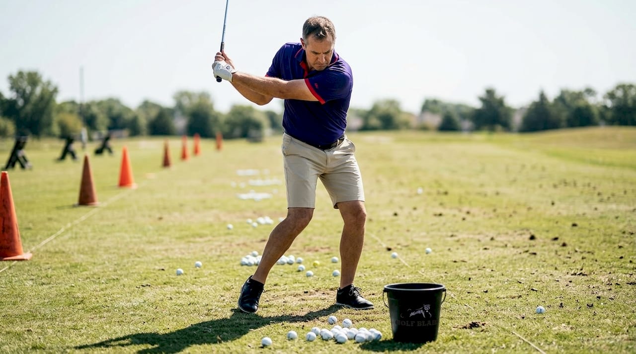 Golfer practicing swing sequence at driving range