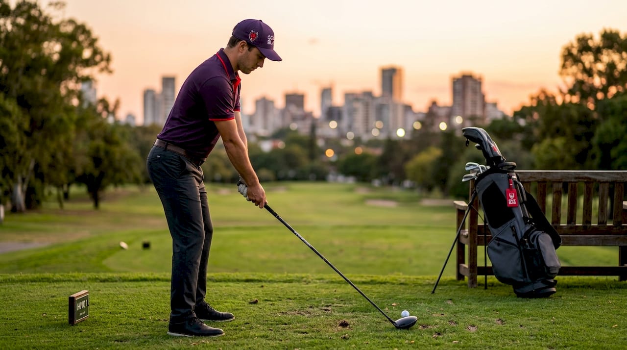 El golfista se coloca en el tee, ajustando su postura antes de hacer el primer golpe.