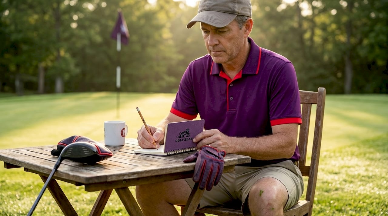 Golfer writing notes before golf lesson