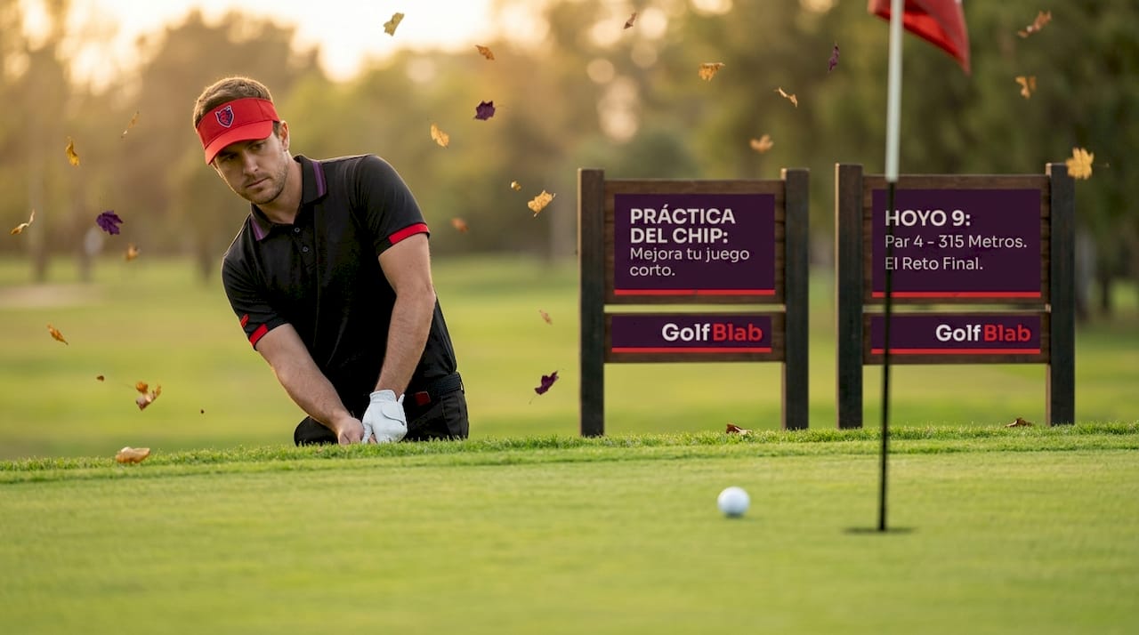 Jugador aficionado de golf realizando un golpe corto junto al green