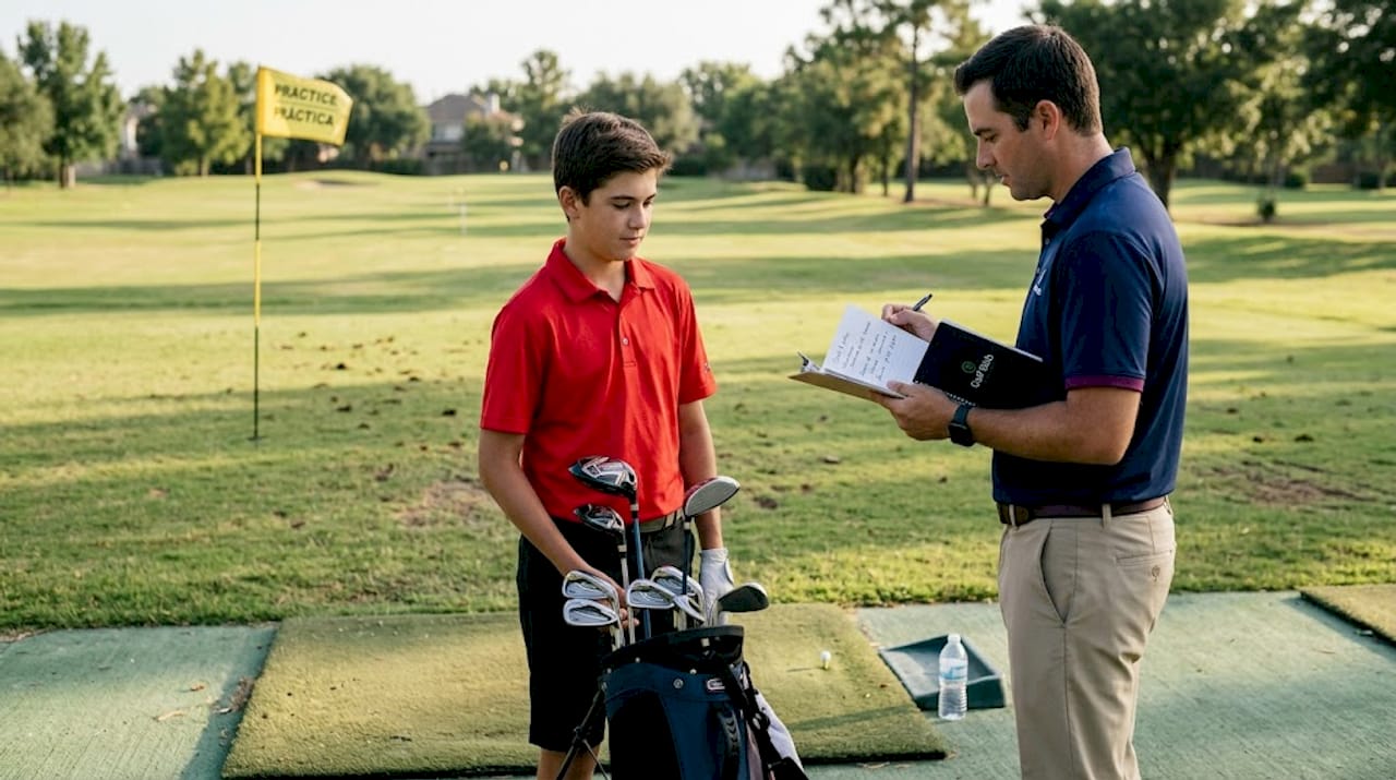 Un joven golfista y su entrenador empezaron a practicar juntos al aire libre.