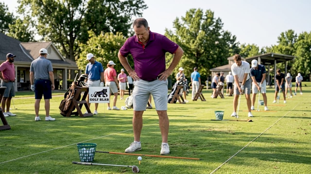 Golfer adjusting stance with alignment stick