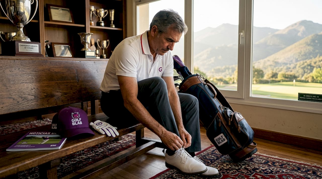 Un golfista actual se prepara en el campo atándose los cordones de sus zapatos antes de comenzar su juego.