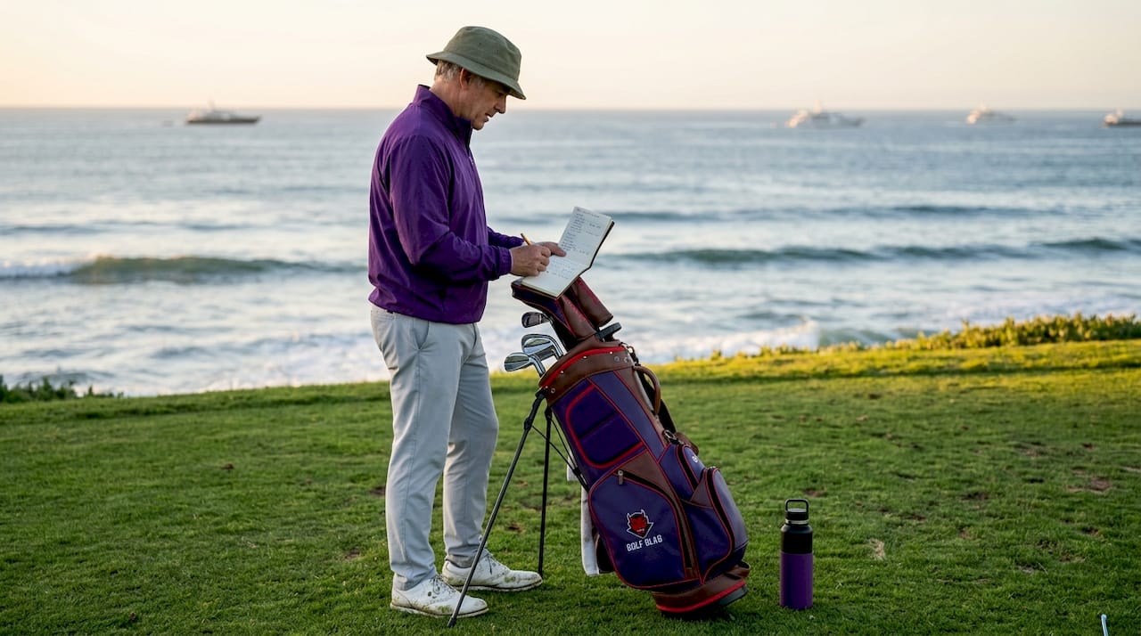 Golfer reviews notes at driving range between swings