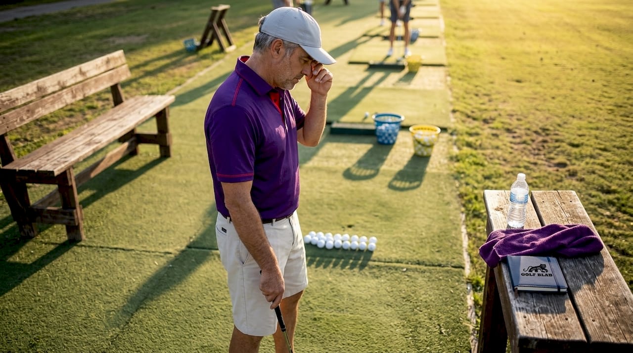 Frustrated golfer at driving range with unused balls