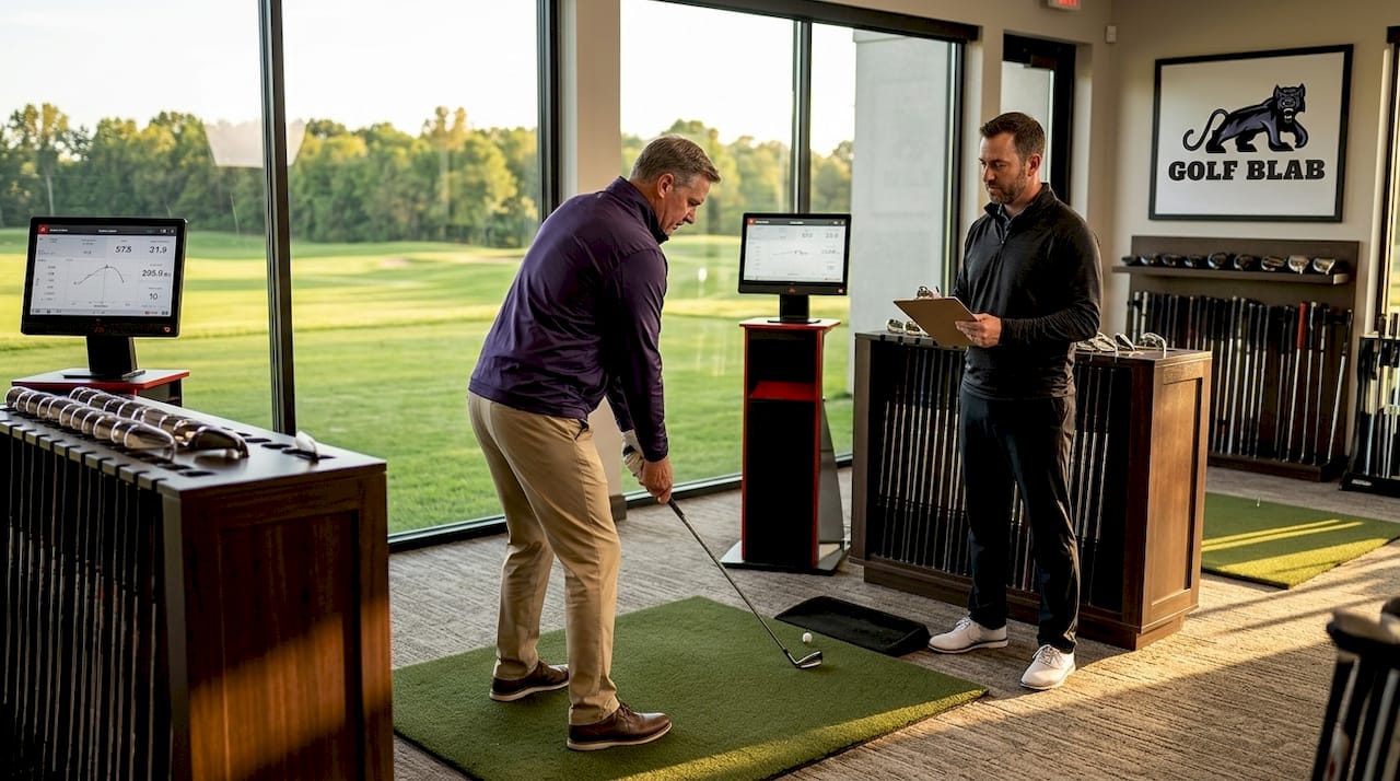 Golfer getting professionally fitted for clubs