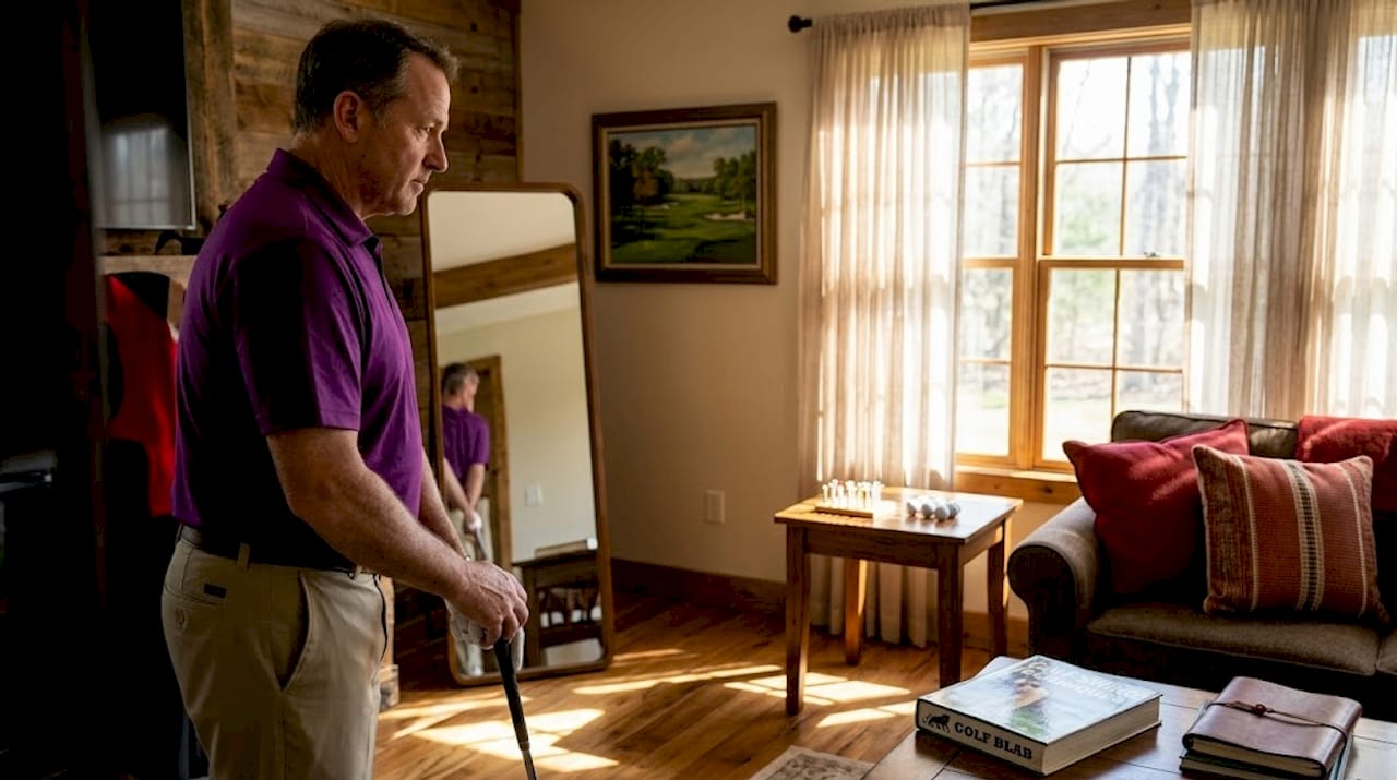 Golfer practicing club grip at home in living room