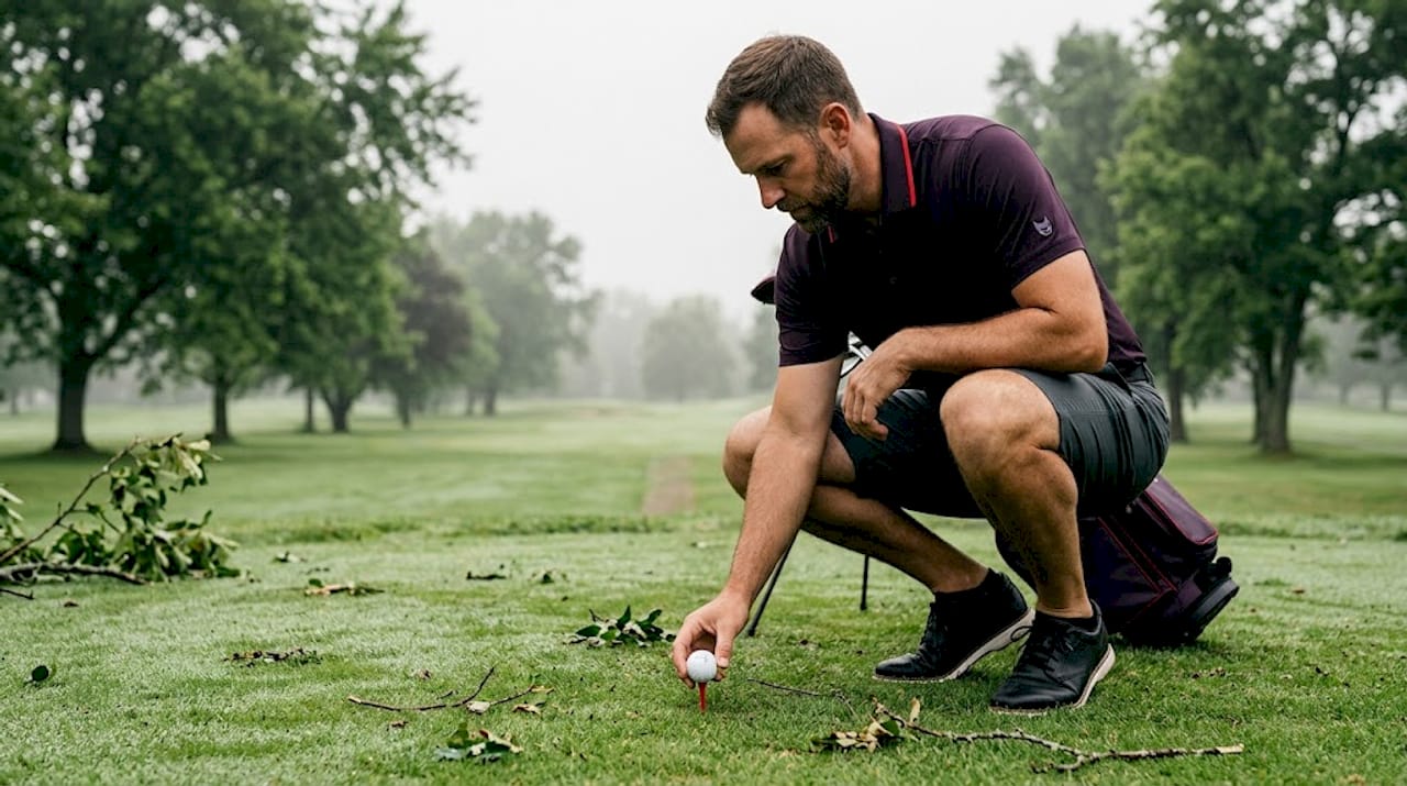 Un golfista se prepara para iniciar el juego colocando cuidadosamente la bola sobre el tee en el campo.