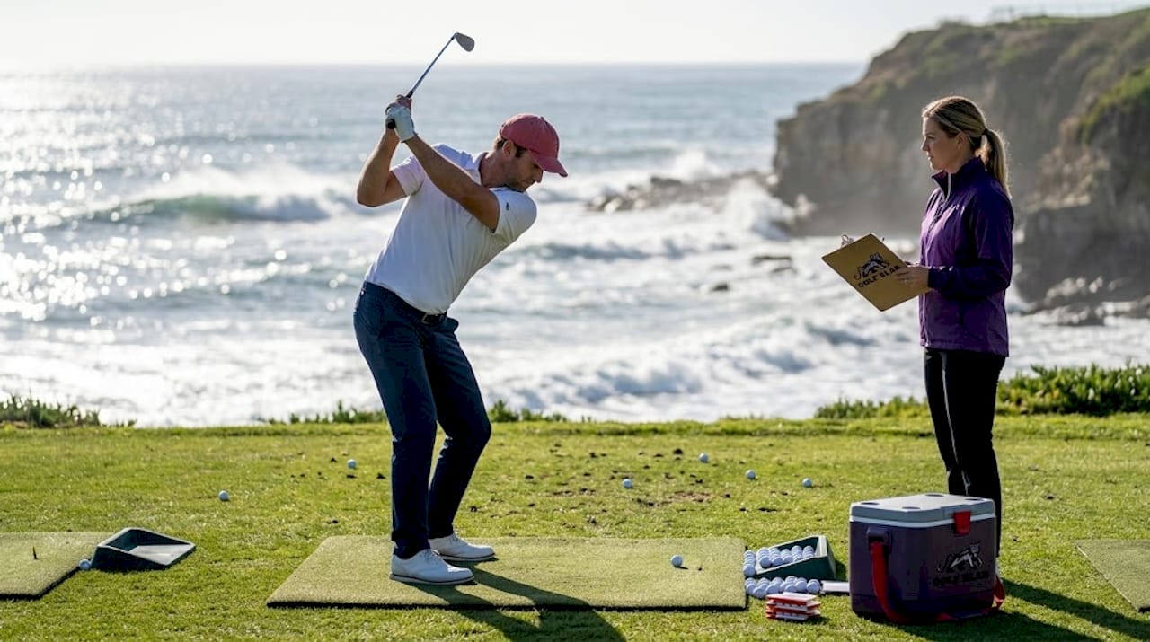 Golfer mid-swing observed by biomechanics coach