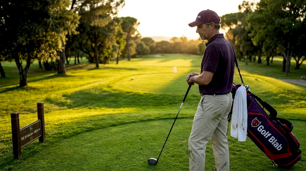 Un golfista se toma un momento para planear su tiro antes de golpear la bola en el campo.