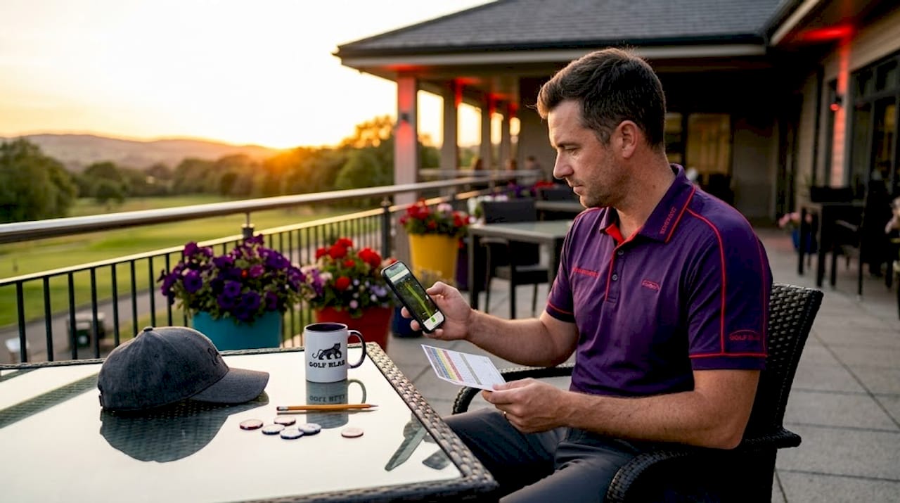 Golfer on clubhouse patio reviewing shot tracker