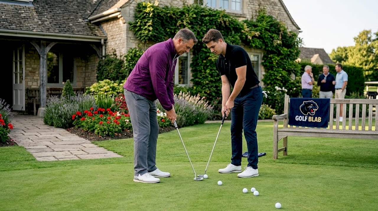 Golf coach demonstrating putting lesson outside
