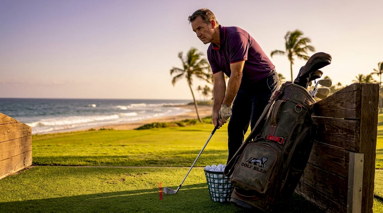 Golfer practicing at public driving range mat