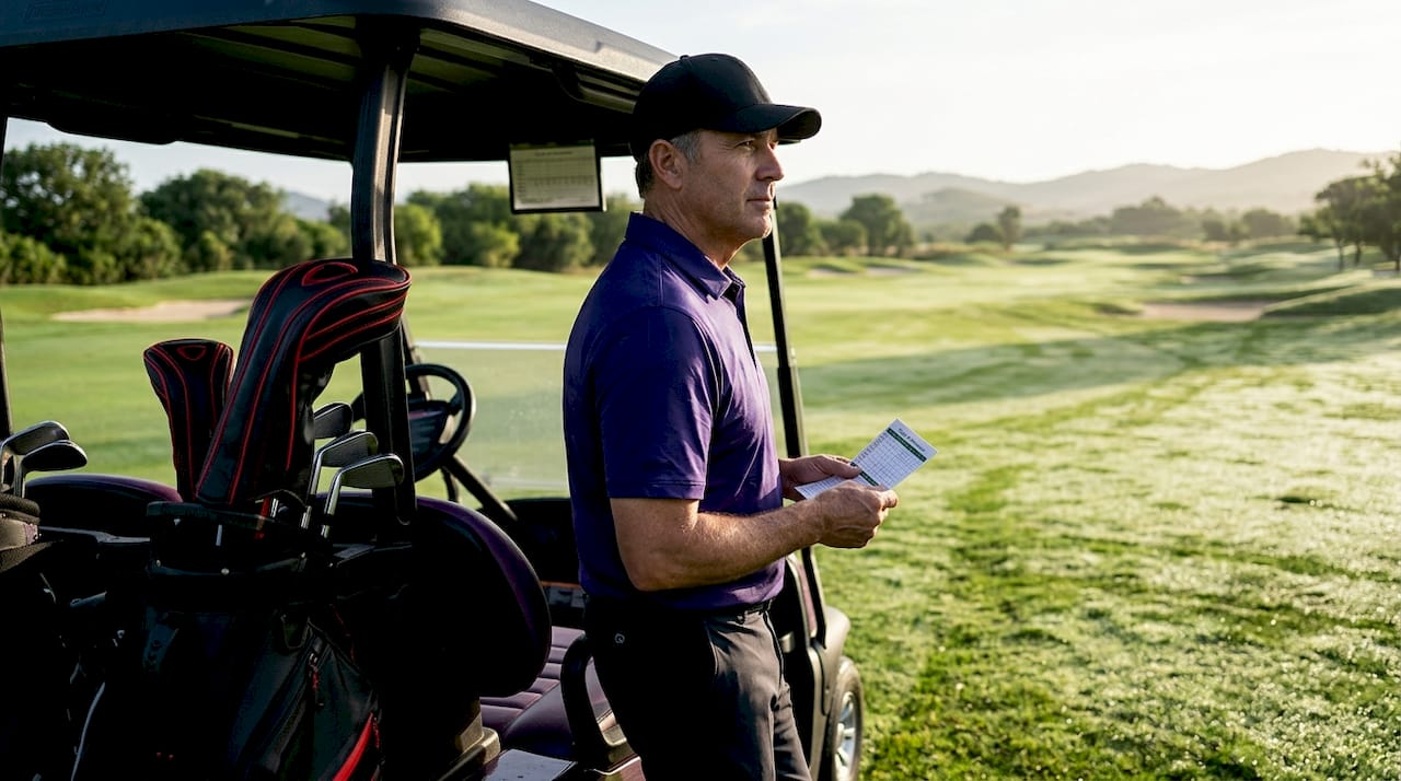 Jugador de golf repasando su tarjeta de puntuación mientras cae la tarde en el campo