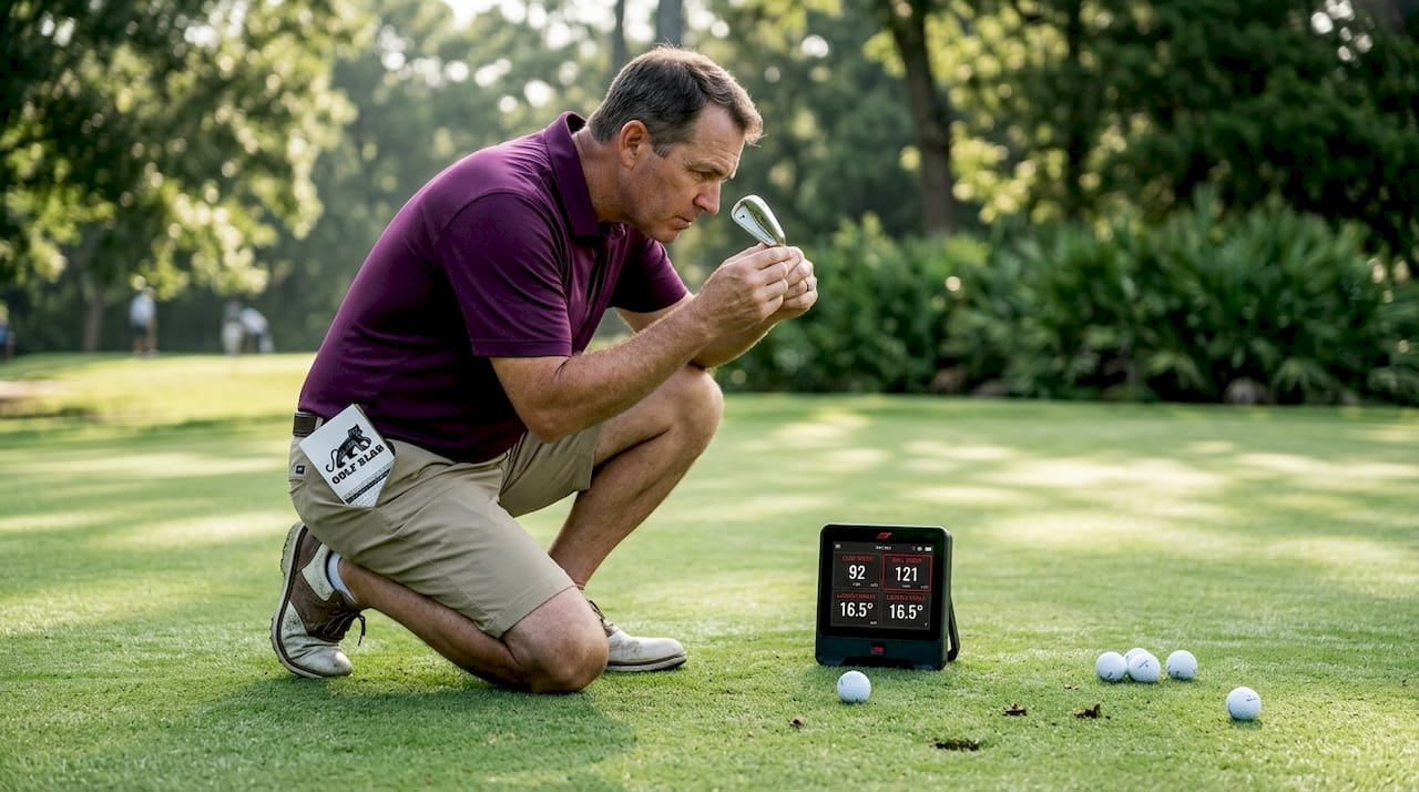 Golfer measuring club loft on driving range