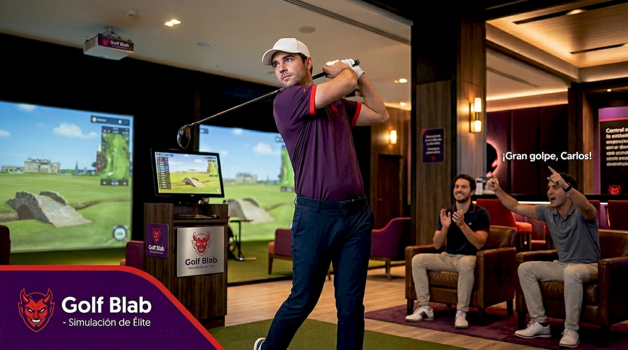 Golfista perfeccionando su swing en el campo de prácticas