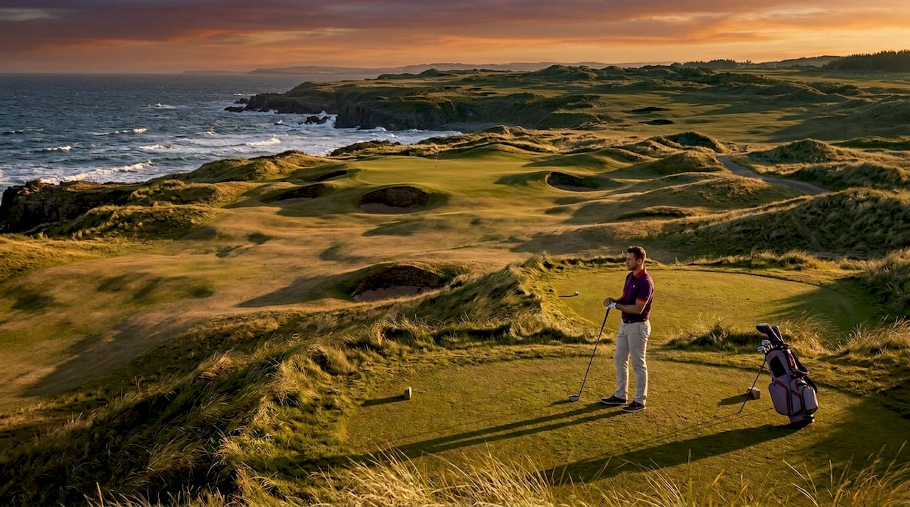 Campo de golf tipo links junto al mar, con un jugador realizando su salida desde el tee.