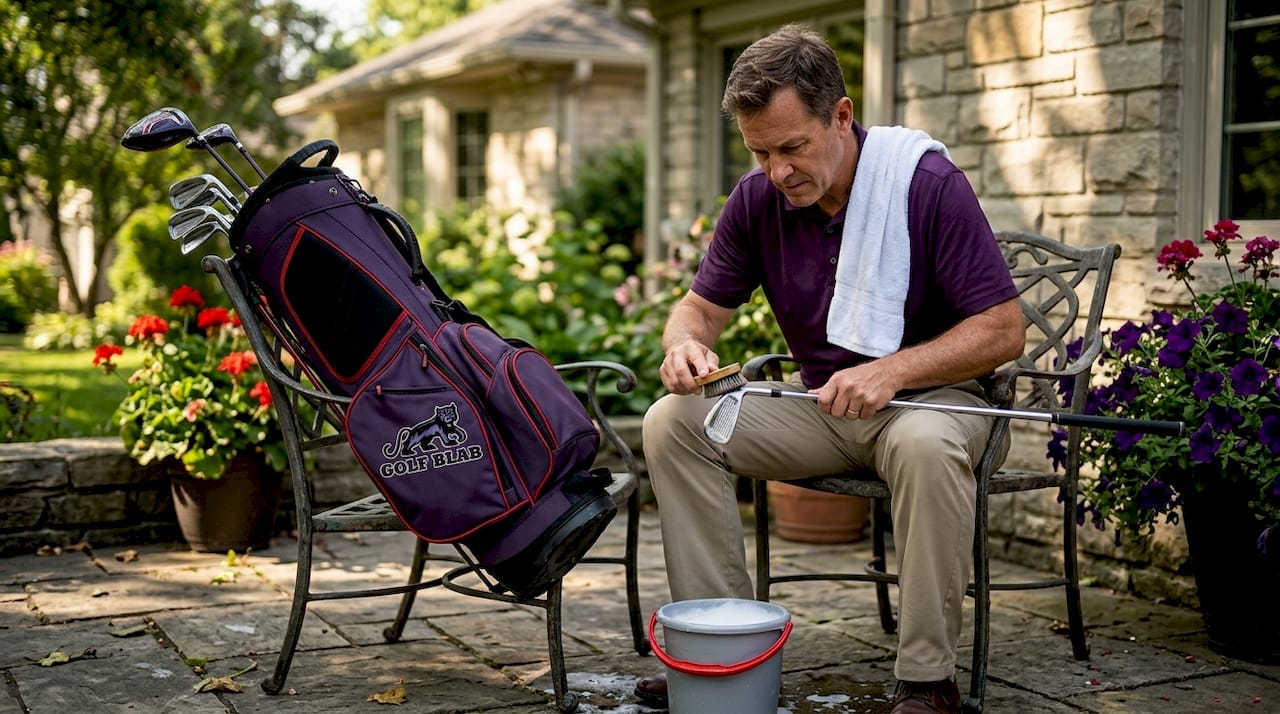 Golfer cleaning clubs on home deck