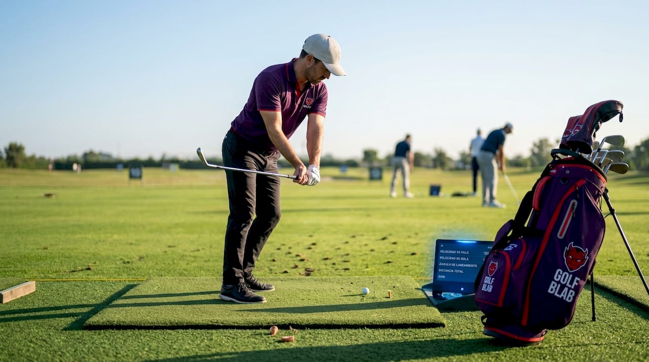 Un golfista perfecciona su swing a primera hora de la mañana en el campo de prácticas.