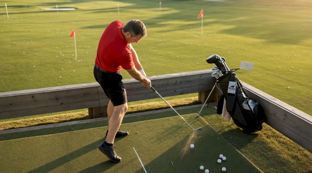 Golfer practicing swing to fix slice