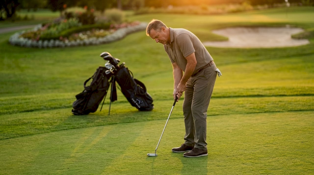 Golfer smiling on green fairway outdoors