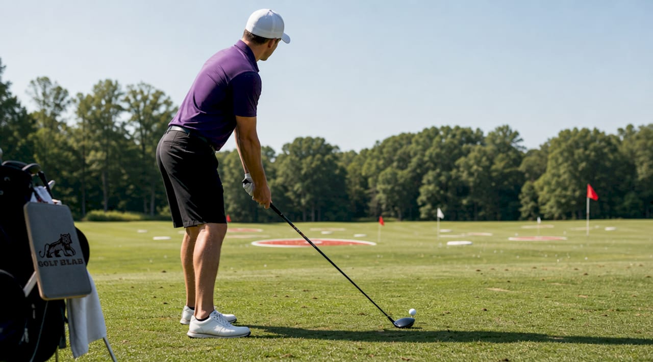 Male golfer preparing tee shot on sunny course