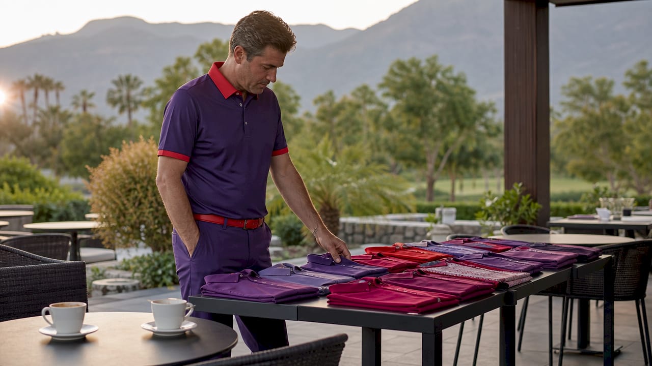 Aficionado al golf explorando prendas deportivas especializadas en una tienda