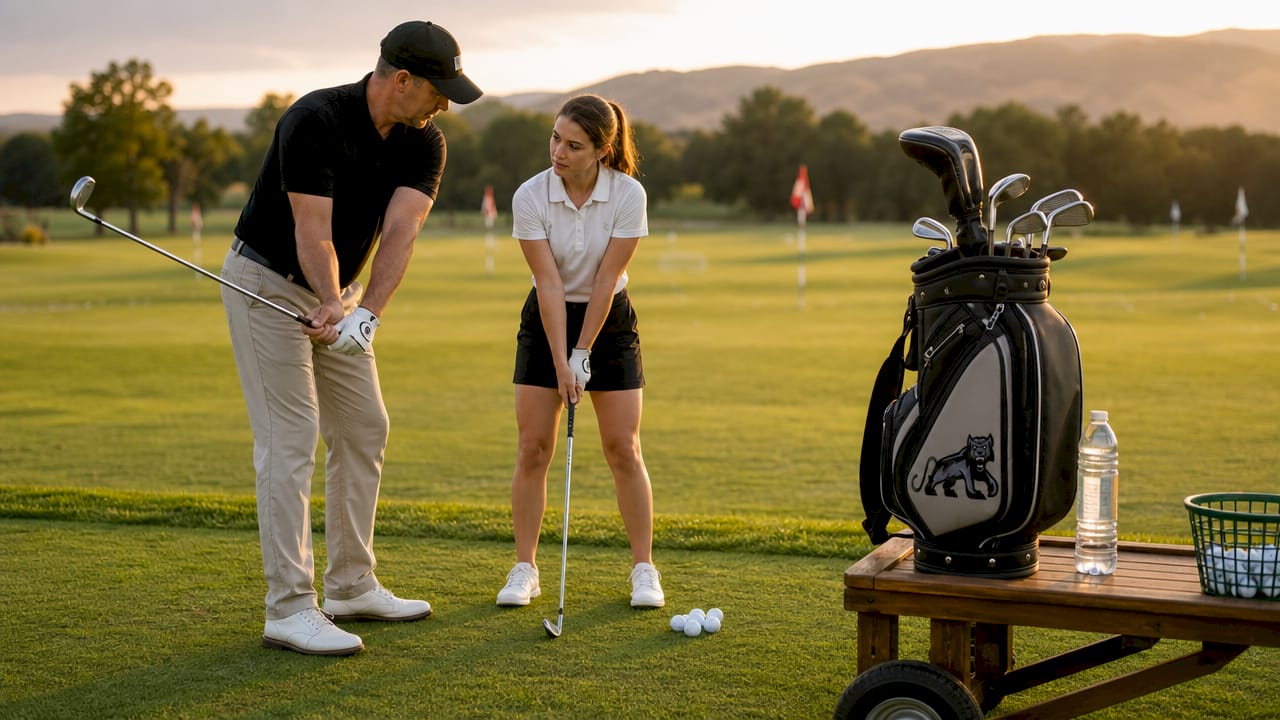 Golfer receiving swing lesson outdoors