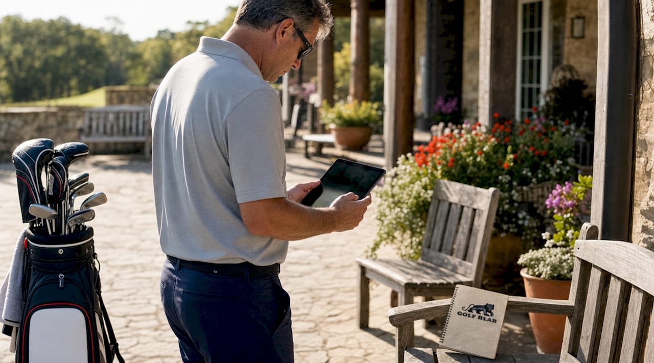 Golfer reviewing swing video with tablet on course