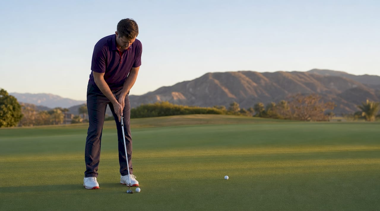Un golfista ensaya su putt sobre el césped de un campo al aire libre.