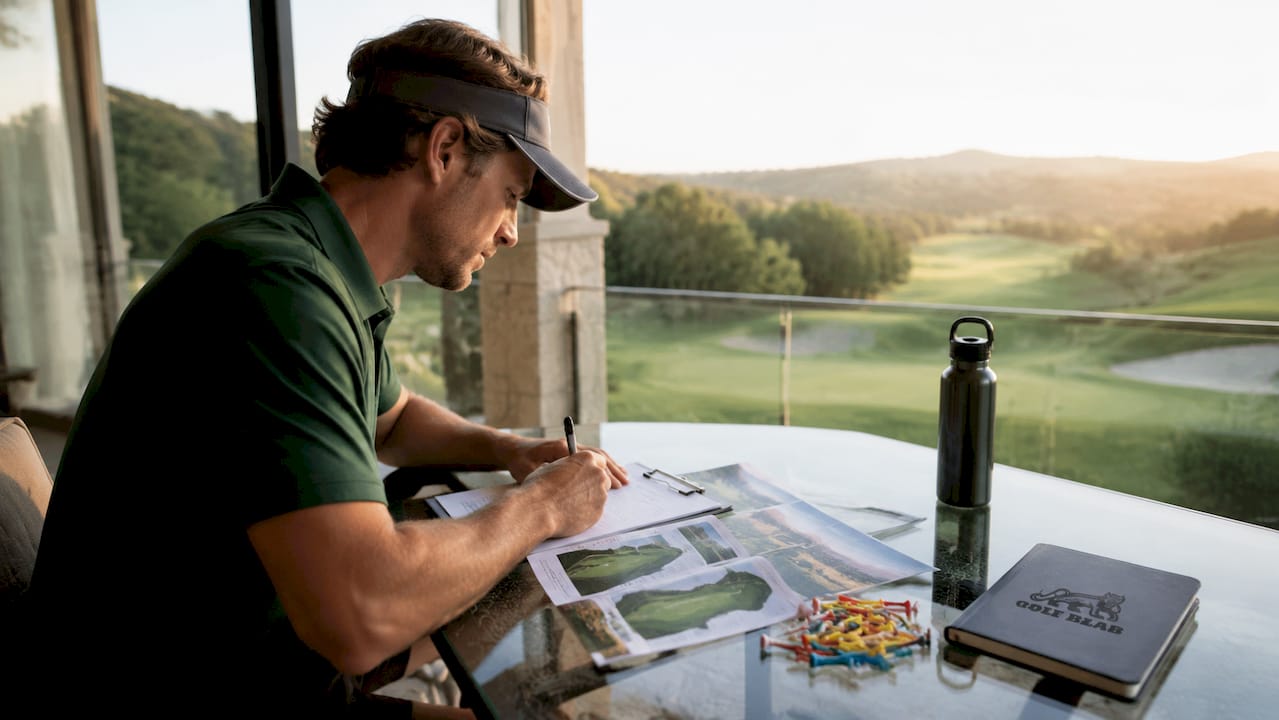 Golfer reviewing practice plan outdoors
