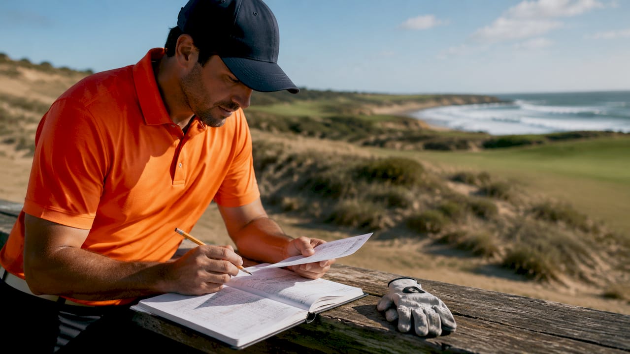 Golfer reviewing scorecards and stats on golf course
