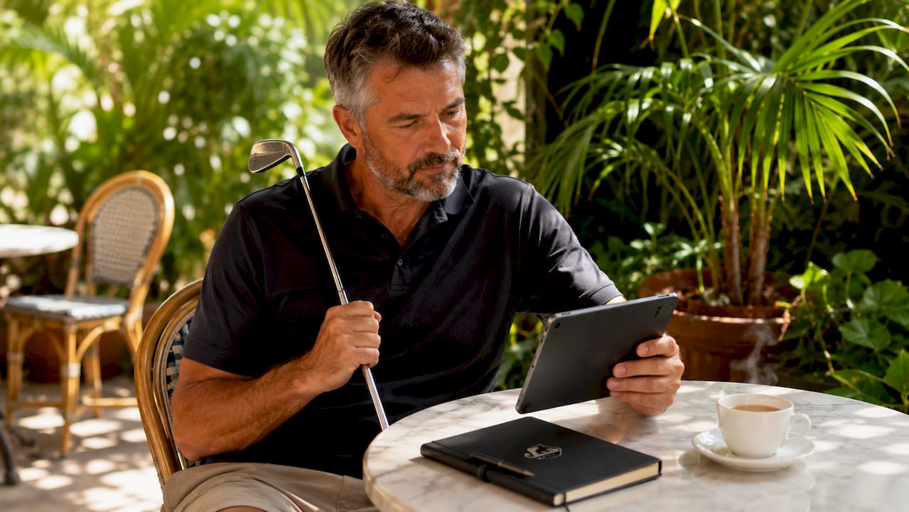 Golf coach reviewing online lesson in home office