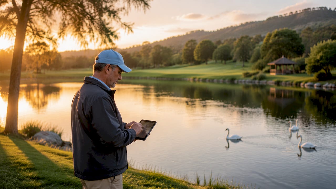 Golf course superintendent checking turf outdoors