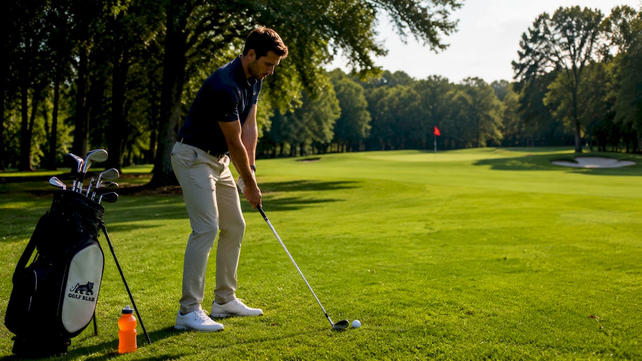 Golfer aiming at target on golf driving range