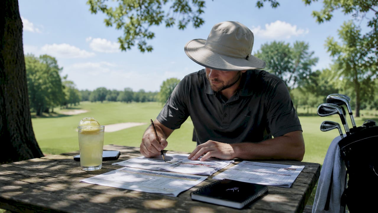 Golfer studying performance data at clubhouse table