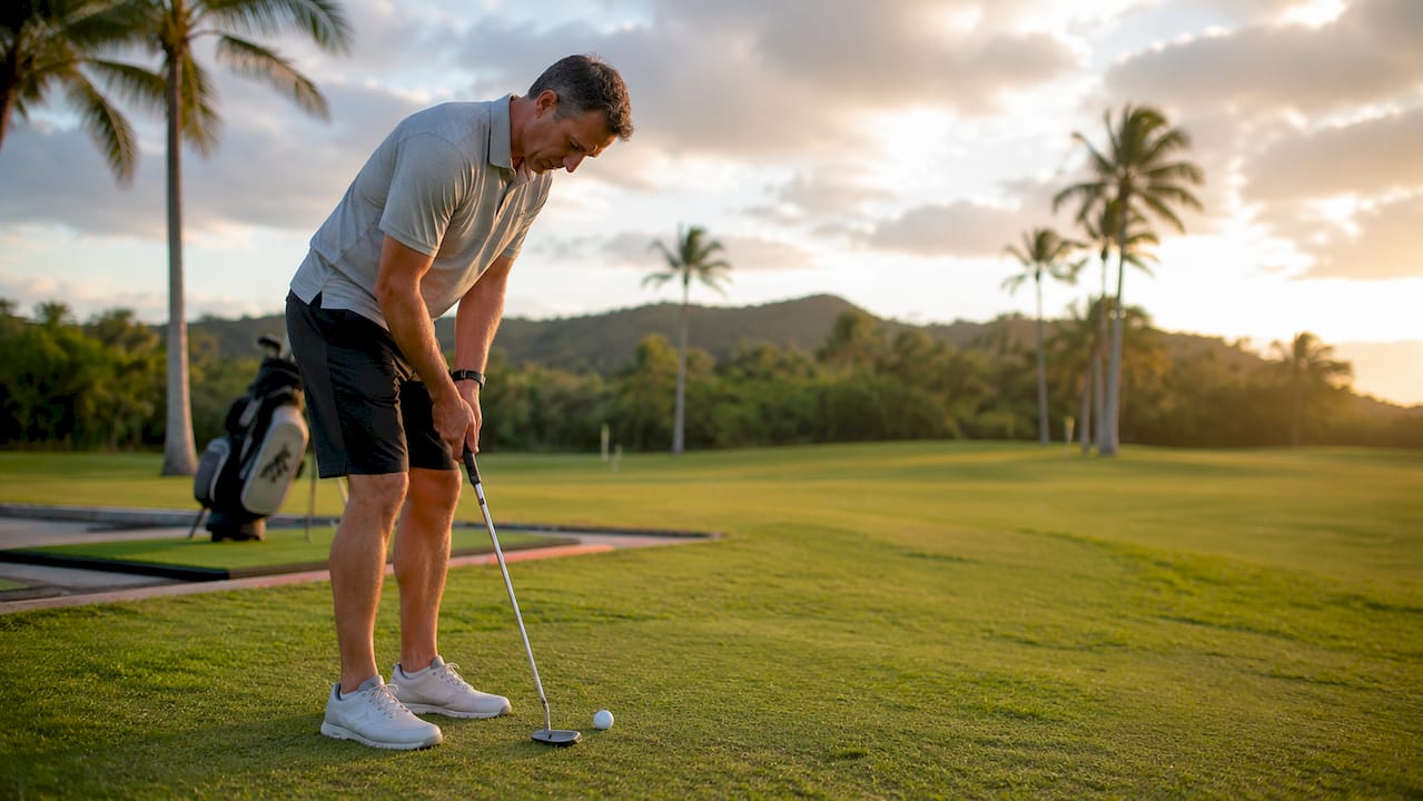 Golfer lining up a putt on green course