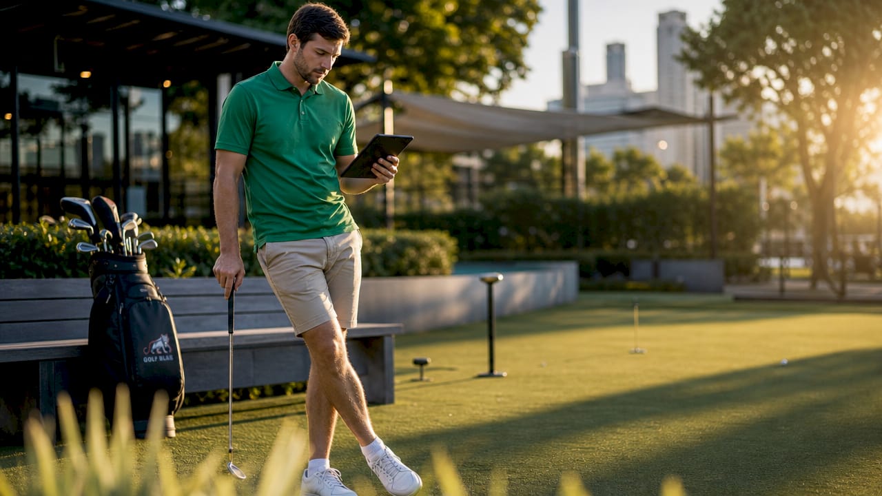 Golfer analyzing swing video on tablet outdoors