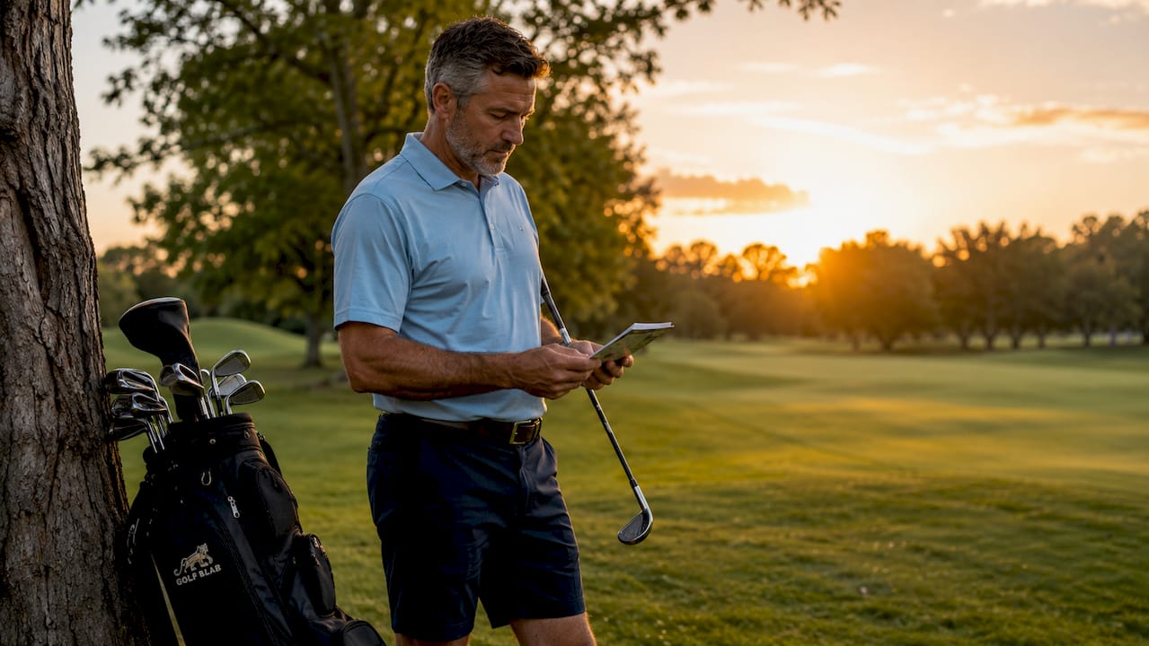 Golfer reviewing scorecard on golf course tee