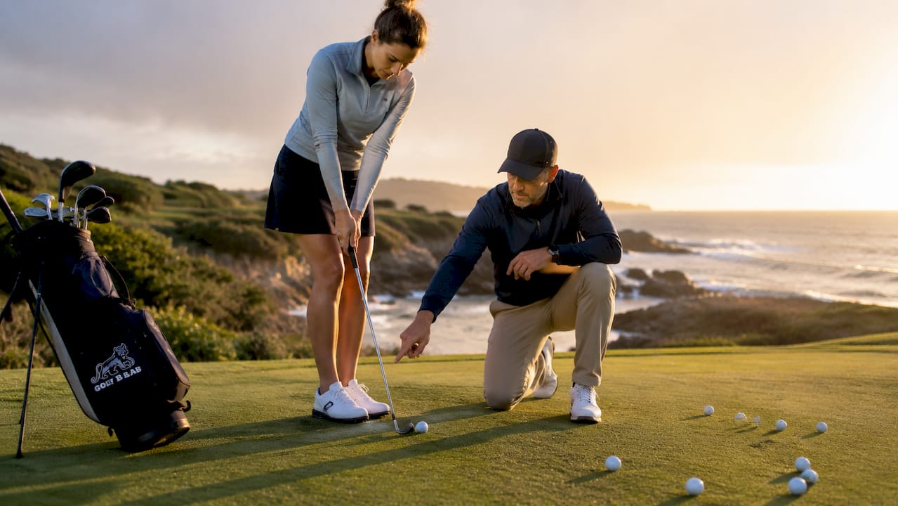 Golf instructor coaching short game chip shot
