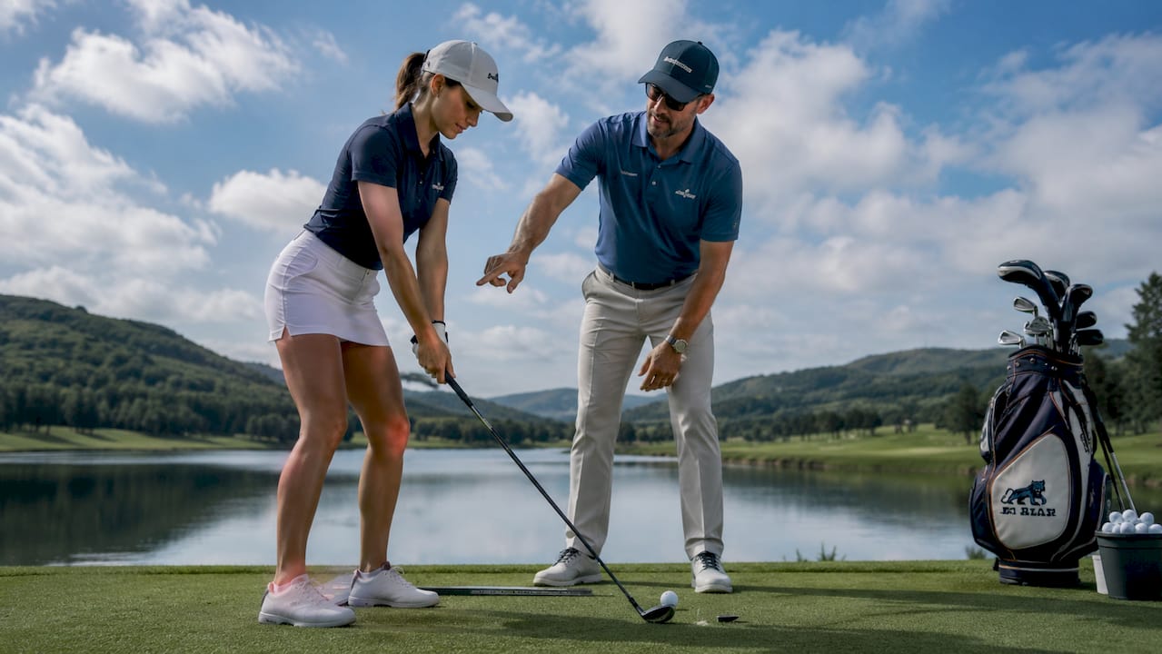 Golf instructor coaching student outdoors