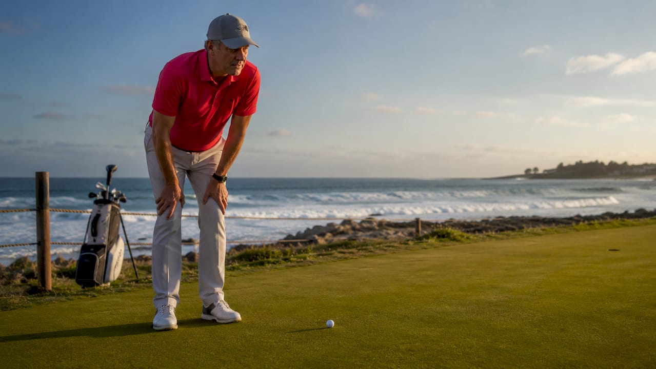 Golfer reading slope and grain on golf green