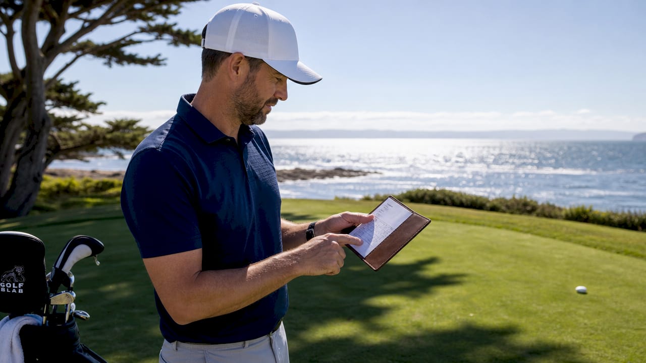 Golfer checking scorecard outdoors