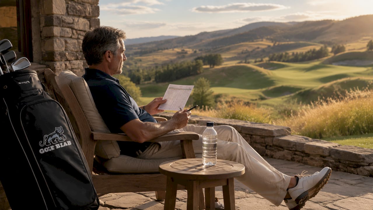 Golfer reviewing scorecard sitting bench outdoors