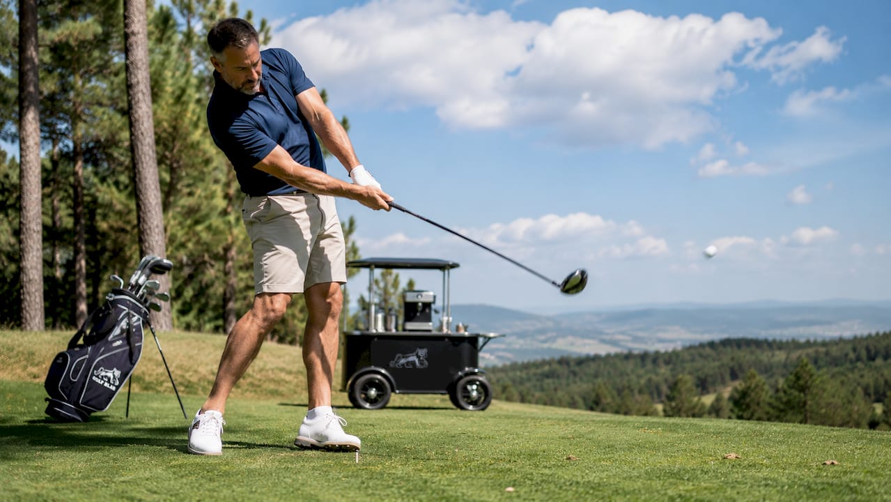 Golfer executing a fade shot on a golf course