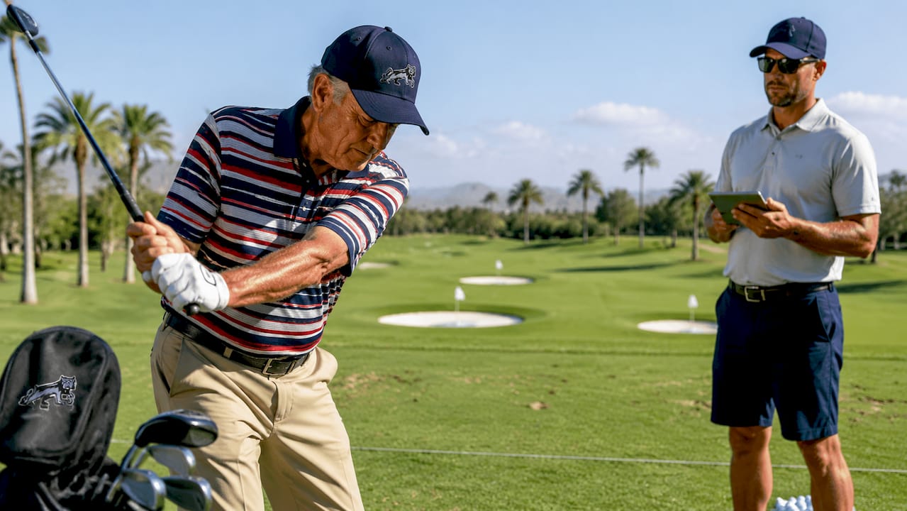 Senior man practicing golf swing with instructor outside