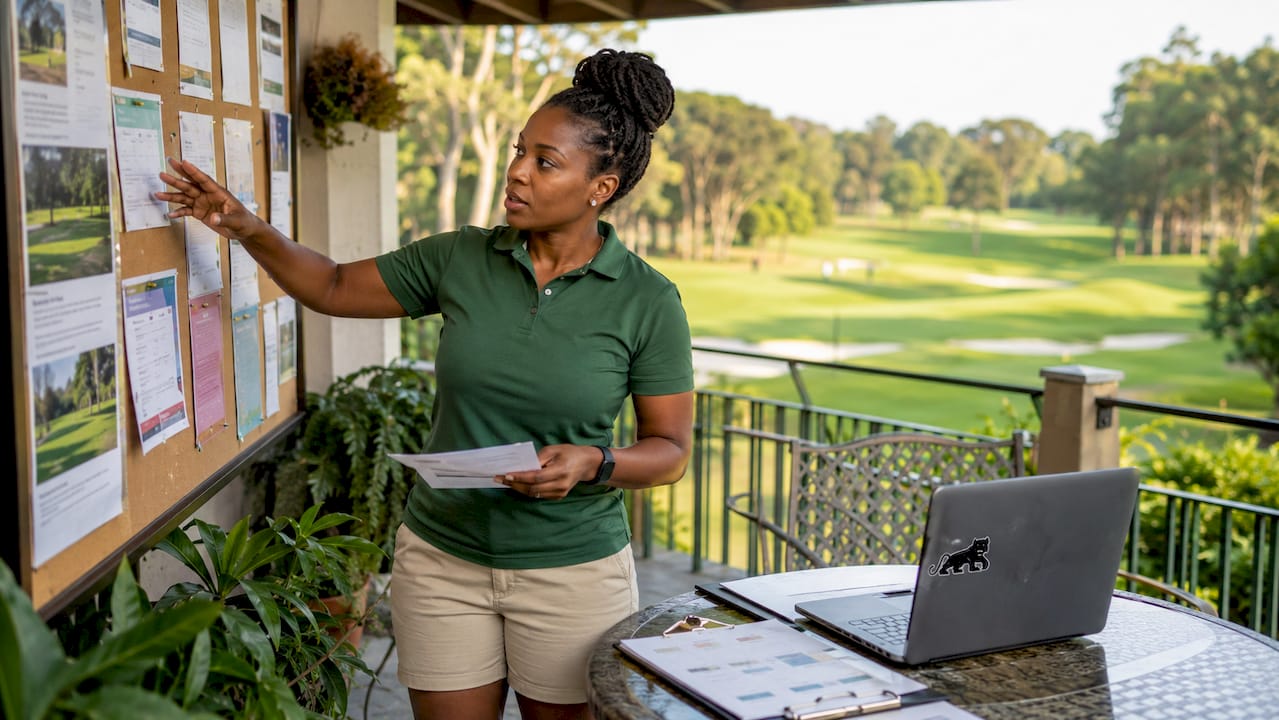 Golf course manager reviewing strategy documents
