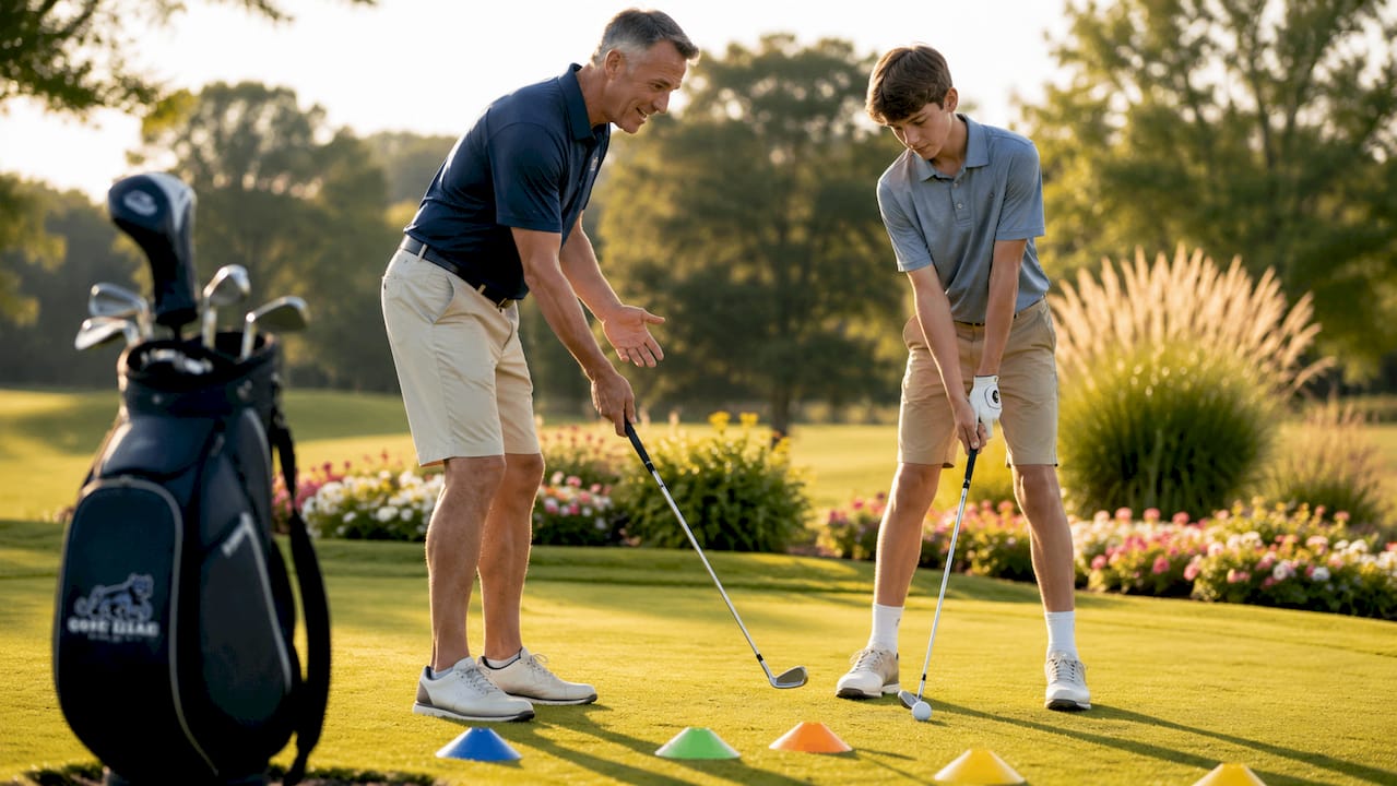 Golf instructor coaching student outdoors